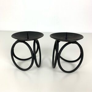 Pair Candle Holder Metal Black Round Circular Delgif India Vtg Minimalist Modern